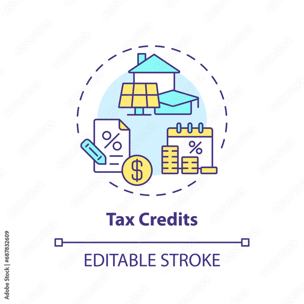 Tax credits multi color concept icon. Reduction of income taxes. Type of financial benefit. Fiscal policy. Easy to use in article. Round shape line illustration. Abstract idea. Graphic design