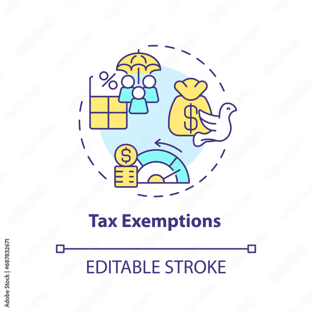 Tax exemptions multi color concept icon. Exclude income from taxation. Avoid paying taxes. Fiscal policy. Easy to use in article. Round shape line illustration. Abstract idea. Graphic design Tax exemptions multi color concept icon. Exclude income from taxation. Avoid paying taxes. Fiscal policy. Easy to use in article. Round shape line illustration. Abstract idea. Graphic design