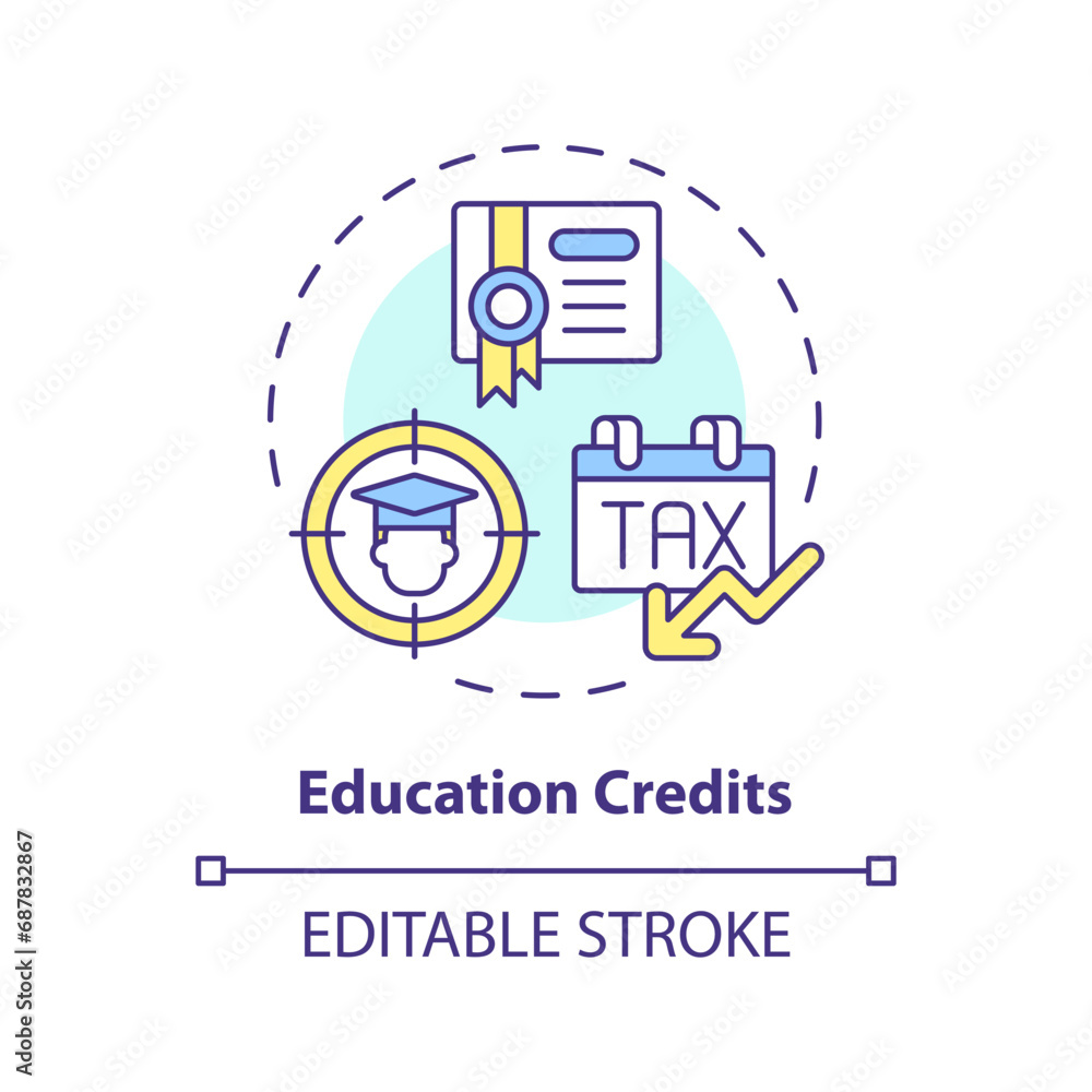 Education credits multi color concept icon. Special financial benefit for taxpayers. Fiscal policy. Easy to use in article. Round shape line illustration. Abstract idea. Graphic design Education credits multi color concept icon. Special financial benefit for taxpayers. Fiscal policy. Easy to use in article. Round shape line illustration. Abstract idea. Graphic design