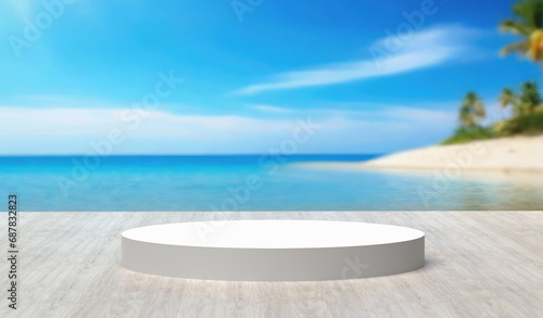 White round platform on wooden deck with blurred beach background.