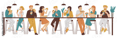 People eating fast food, vector illustration in flat cartoon style.