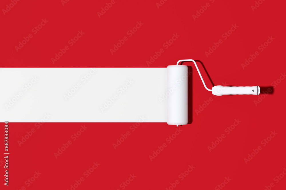 Paint roller brush with white color trail on red background. Paint roller brush with white color trail on red background.