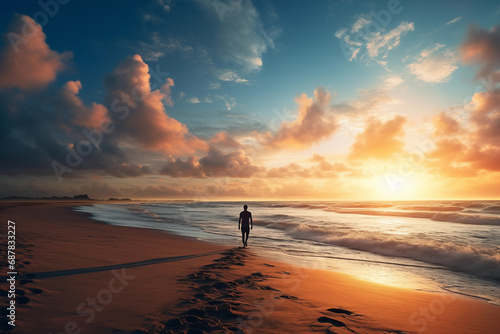 A lone traveler watching the waves, Watching sunrise on the beach, Generative AI