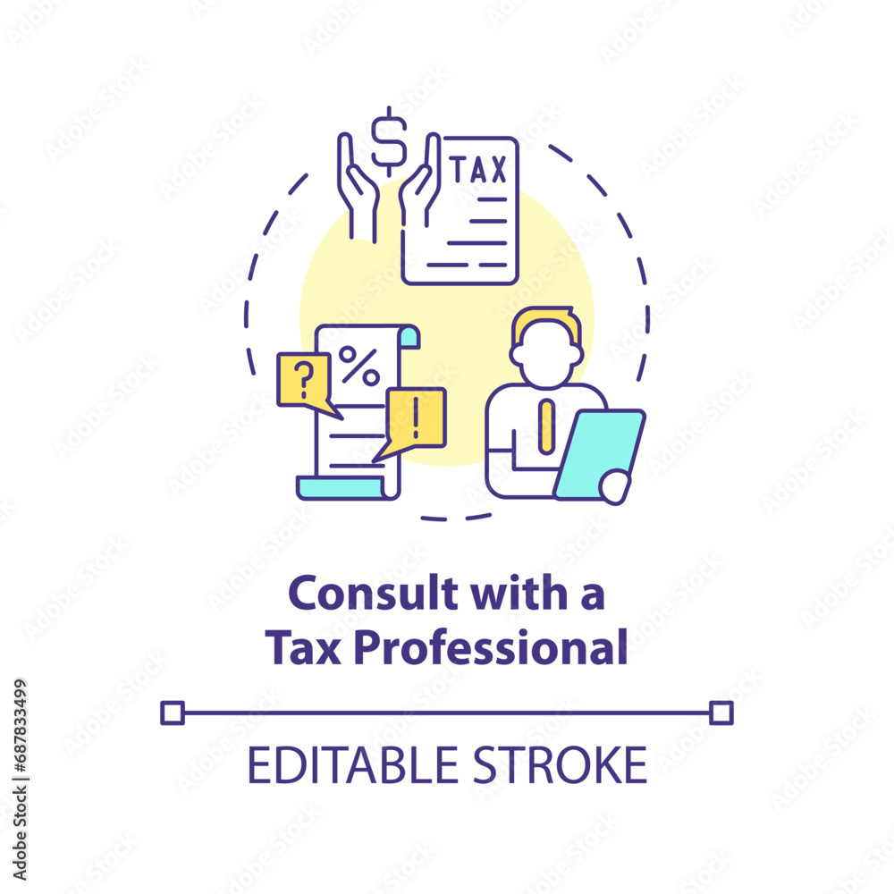 Consult with tax professional multi color concept icon. Financial advisory. How to apply for tax credits. Round shape line illustration. Abstract idea. Graphic design. Easy to use in blog post Consult with tax professional multi color concept icon. Financial advisory. How to apply for tax credits. Round shape line illustration. Abstract idea. Graphic design. Easy to use in blog post