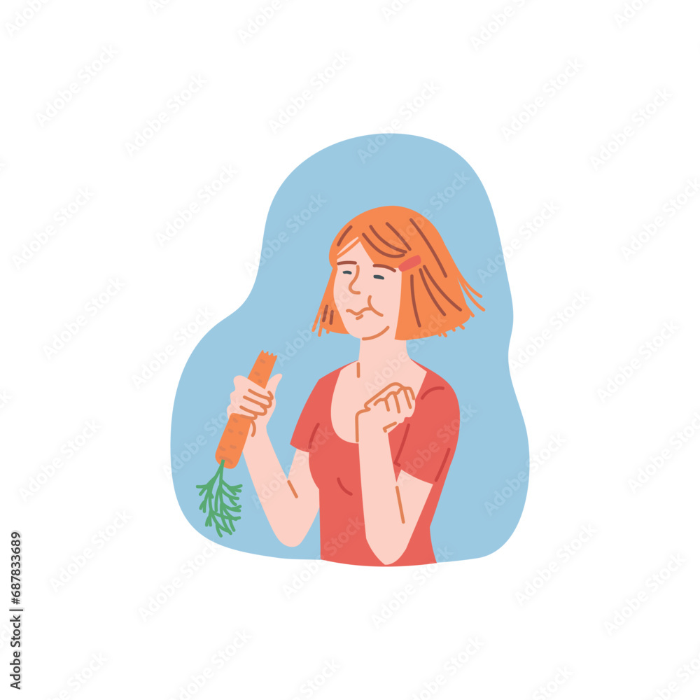 Woman eating a carrot having healthy vegetarian snack, flat vector isolated. Woman eating a carrot having healthy vegetarian snack, flat vector isolated.