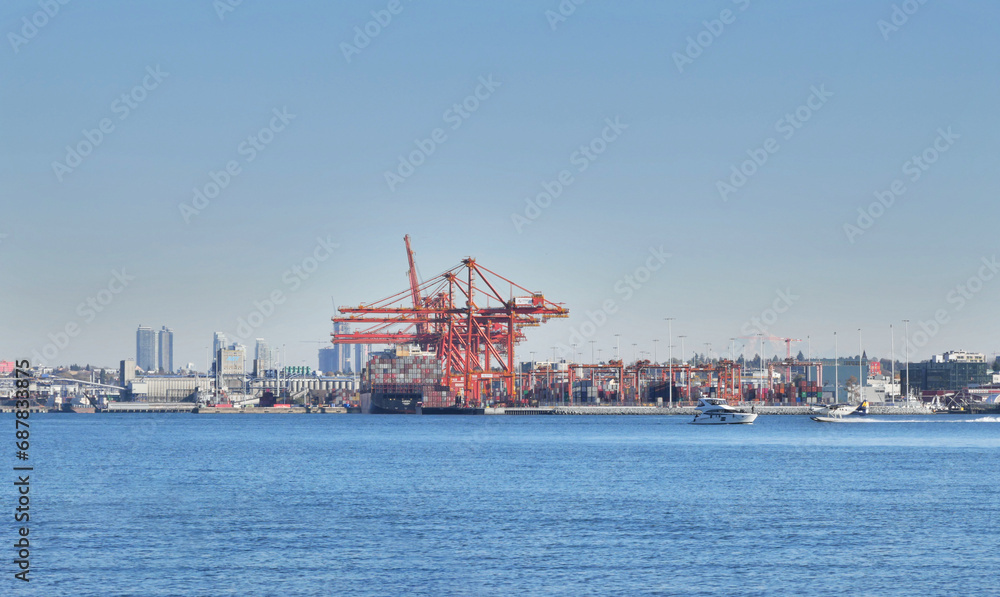 Vancouver Harbour container terminal as seen from Stanley Park in Vancouver, British Columbia, Canada