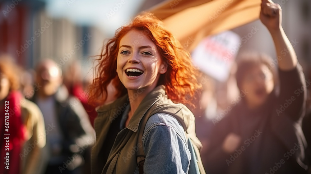 Portrait of a caucasian redhead ginger woman marching in protest with a group of people in city street