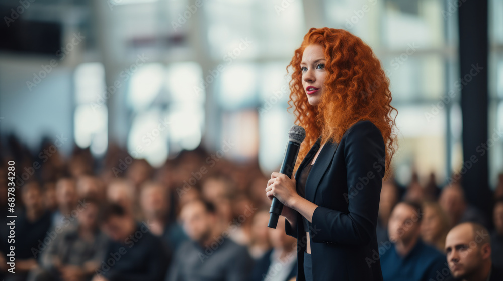 Redhead ginger caucasian businesswoman delivering a powerful keynote address at a conference standing on stage with confidence addressing a diverse audience with her insights in the business world Redhead ginger caucasian businesswoman delivering a powerful keynote address at a conference standing on stage with confidence addressing a diverse audience with her insights in the business world