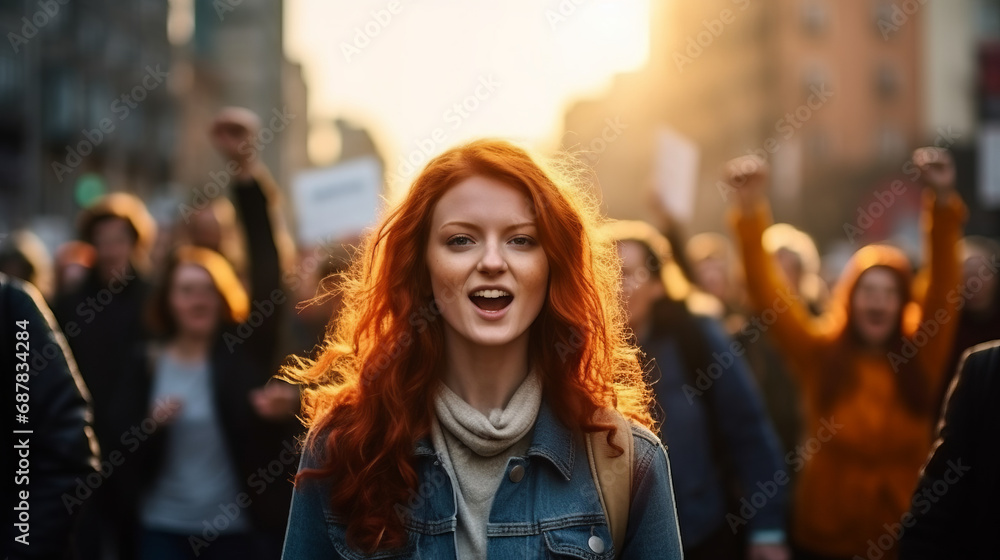 Portrait of a caucasian redhead ginger woman marching in protest with a group of people in city street