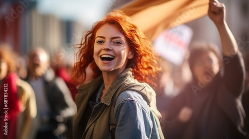 Portrait of a caucasian redhead ginger woman marching in protest with a group of people in city street © Keitma