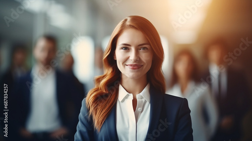 Redhead ginger caucasian businesswoman confidently leading a corporate meeting presenting innovative ideas and strategies for the upcoming quarter