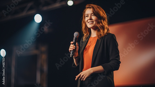 Redhead ginger caucasian businesswoman delivering a powerful keynote address at a conference standing on stage with confidence addressing a diverse audience with her insights in the business world photo