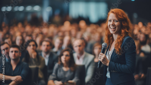 Redhead ginger caucasian businesswoman delivering a powerful keynote address at a conference standing on stage with confidence addressing a diverse audience with her insights in the business world photo