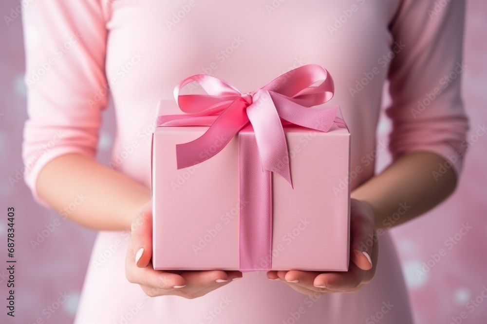 Woman hands holding a pink valentine gift present box with pink ribbon Woman hands holding a pink valentine gift present box with pink ribbon