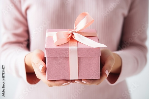 Woman hands holding a pink valentine gift present box with pink ribbon