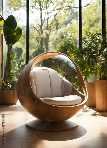 beach chair in the garden futuristic sci-fi pod chair, Flat Design, Product-View, editorial photography, transparent orb, product photography, natural lighting, plants, natural 