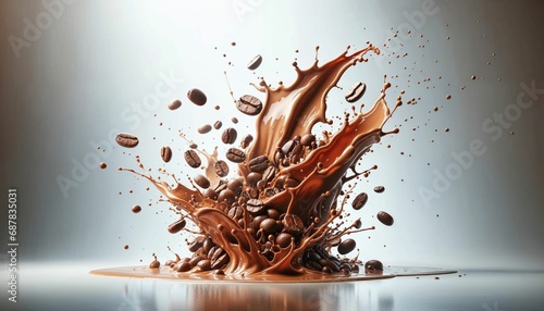AI generated illustration of splash of coffee surrounded by scattered coffee beans photo