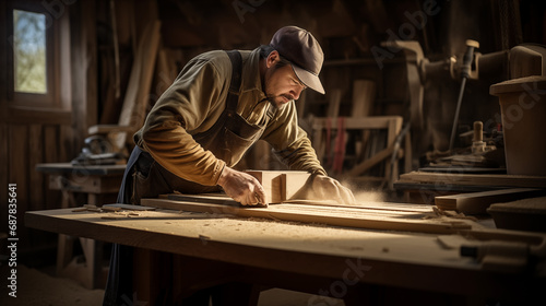 A carpenter is working, cutting the wood.