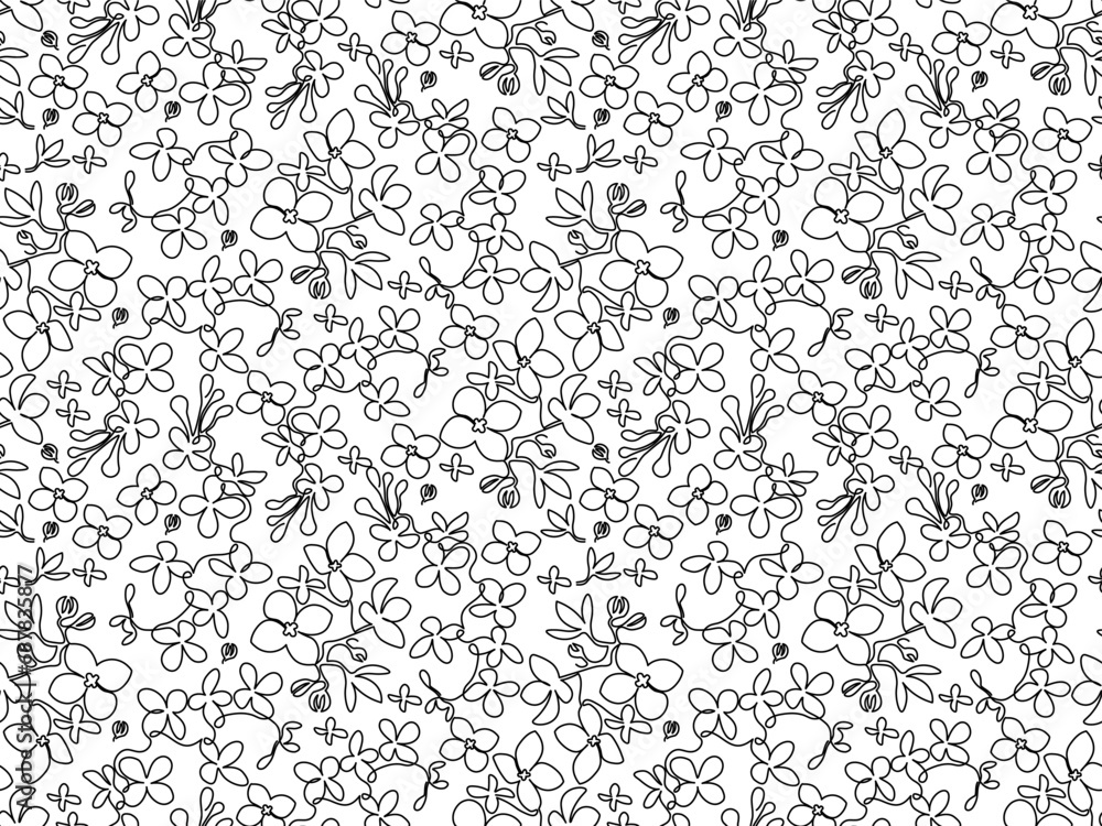 black and white monochrome seamless doodle floral pattern