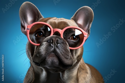 Adorable young French Bulldog puppy in glasses for a funny pet portrait