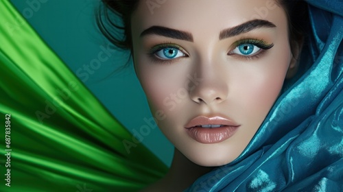 Young woman with beautiful bright green eyes with shining blue shadows, beige lipstick and expressive eyebrows, pitted look of colored paper, fashion, beauty, make-up, cosmetics, salon style