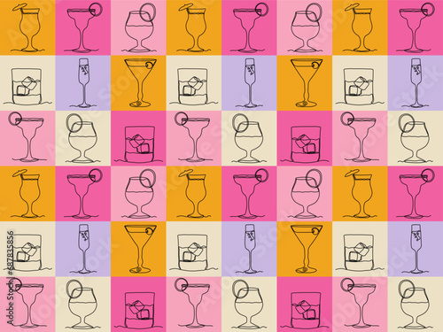 seamless pattern of multicolored squares and one line of art drinks,cocktails,whiskey,champagne,tequila,margarita
