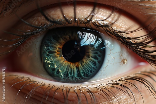 Imagine an image that captures a detailed close-up of a woman's eye, showcasing the intricate beauty of the iris in vivid blue and green hues The macro perspective emphasizes the eye's captivating fea