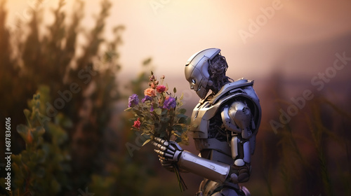 夕暮れの中、近未来の人型ロボットがナチュラルな花束を持って物思いに耽っているエモーショナルな写真