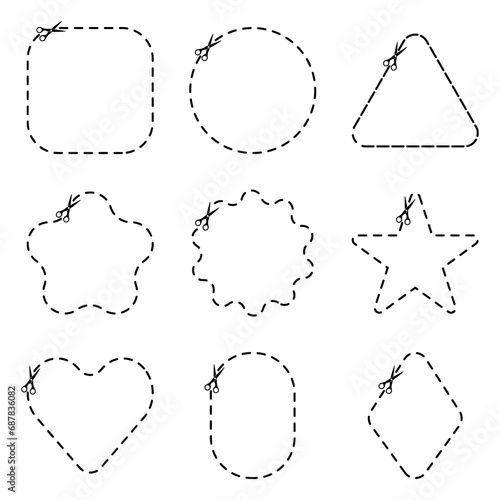 Set cut here shapes. Scissor cutting line symbol vector illustration.
