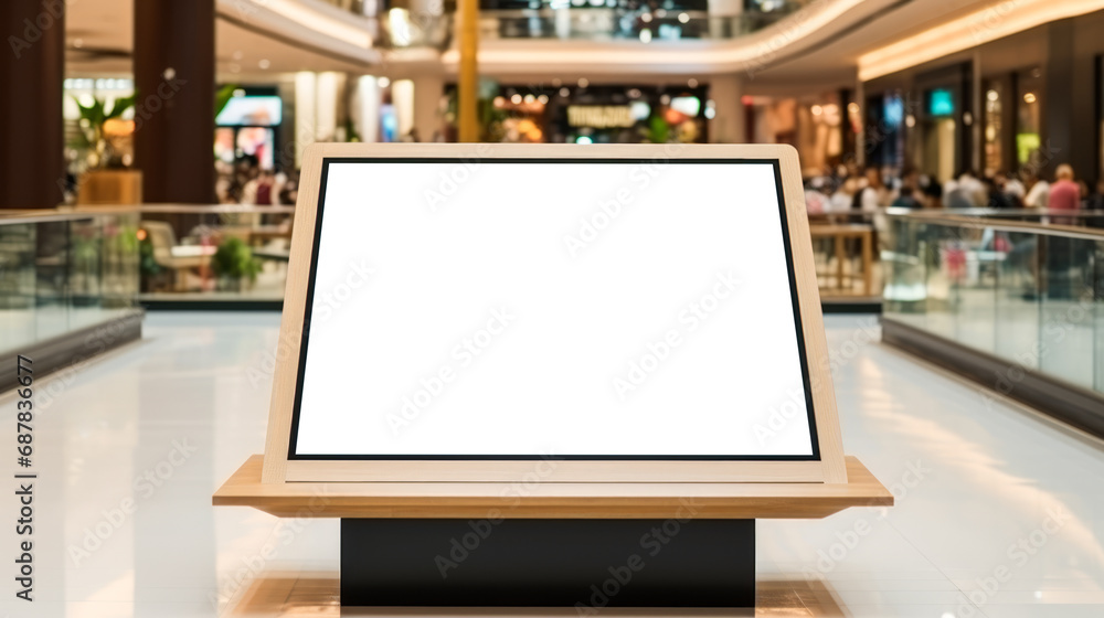 Blank digital display stand in shopping mall interior. Advertising and commerce concept. Generative AI Blank digital display stand in shopping mall interior. Advertising and commerce concept. Generative AI