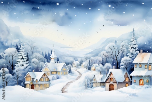 Winter village watercolor painting illustration made by generative ai © ImronDesign