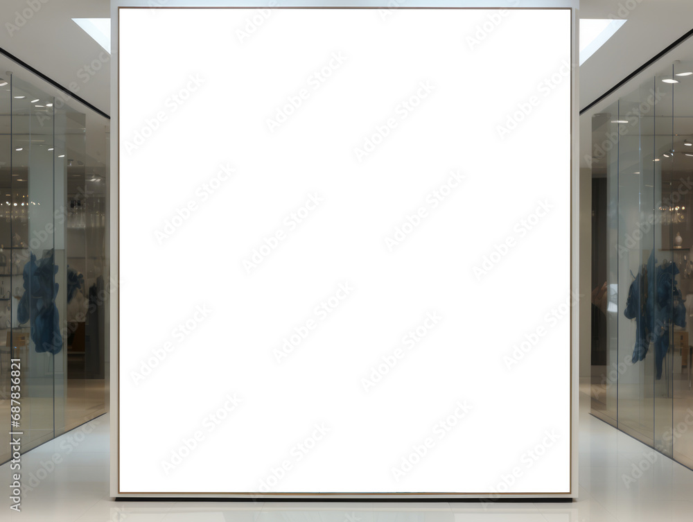 Modern retail display window with blank white poster, mockup for advertising. Generative AI Modern retail display window with blank white poster, mockup for advertising. Generative AI