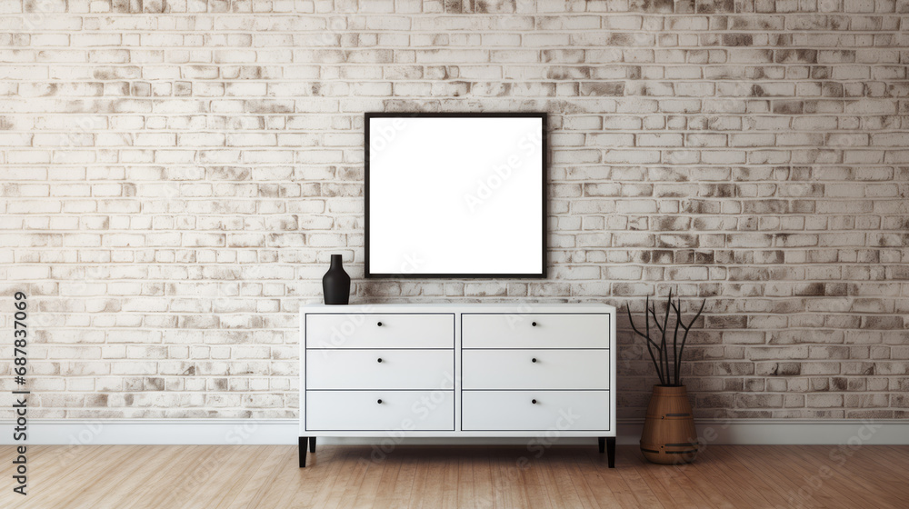 Modern minimalist interior with a white brick wall and dresser, mock-up poster. Generative AI Modern minimalist interior with a white brick wall and dresser, mock-up poster. Generative AI