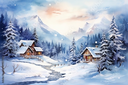 Winter village watercolor painting illustration made by generative ai © ImronDesign