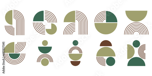 Set of geometric mid century shape. Boho aesthetic geometric shape. Contemporary mid century line design with sun and moon phases. Modern vector illustration