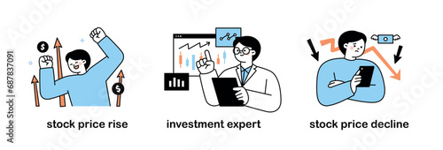 stock market. A person who rejoices in a rising market. A person who is sad during a falling market. Investment expert. outline simple vector illustration.
