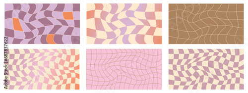 Checkerboard psychedelic pattern set beige and purple. Checkerboard background y2k retro grid. Psychedelic texture vector illustration.