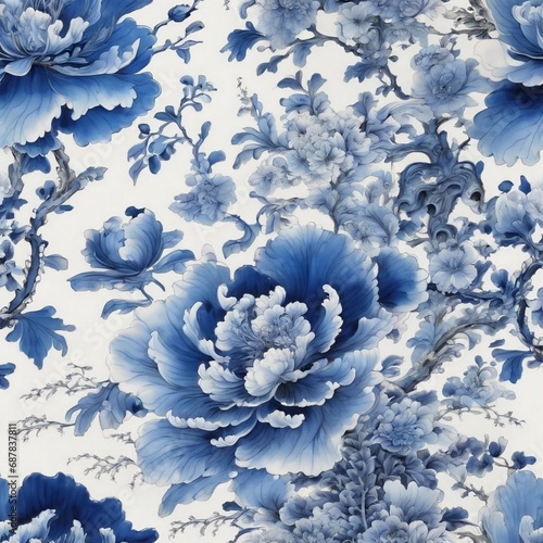 chinese porcelain painting with flowers, traditional blue and white art, detailed, high resolution