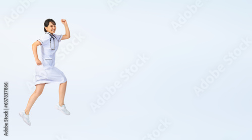 ジャンプする白衣を着た女性　看護師　医師　切り抜き全身写真（切り抜き背景透過PNGも販売しております。作成者リンクから「PNG」で検索してください） photo