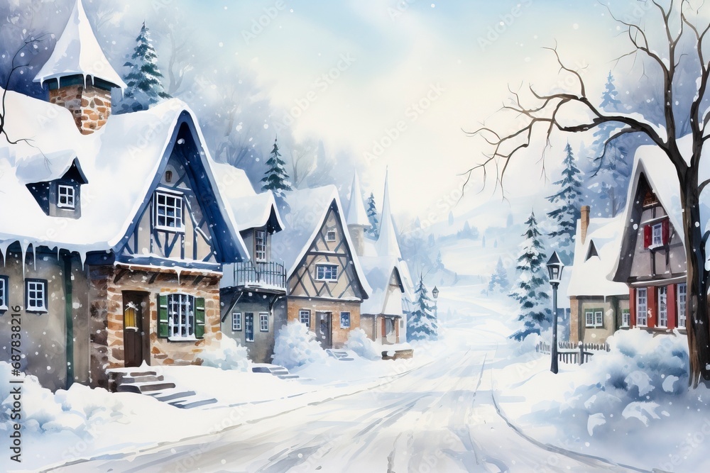 Winter village watercolor painting illustration made by generative ai