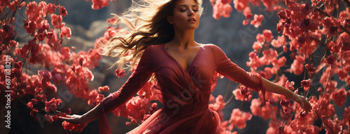 Wide fantasy banner image of dancing women model in pink background full of pinkish flowers in freedom 