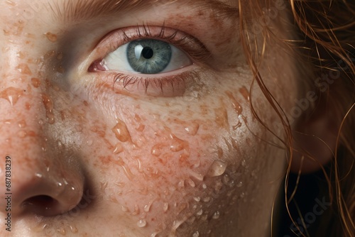 Beautiful woman. Close-up. Soft make-up Close up of young woman's open eye face cover with rain water drop