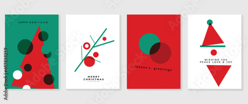Set of happy new year and merry christmas concept background. Elements of christmas tree, branch, circle, triangle, santa hat geometric shape. Art design for card, poster, cover, banner, decoration.