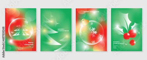 Merry christmas concept poster set. Cute gradient holographic background vector with vibrant color, christmas tree, snowflake, holly. Art trendy wallpaper design for social media, card, banner, flyer.