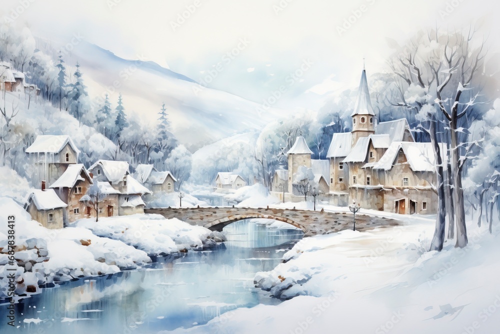 Fototapeta premium Winter village watercolor painting illustration made by generative ai
