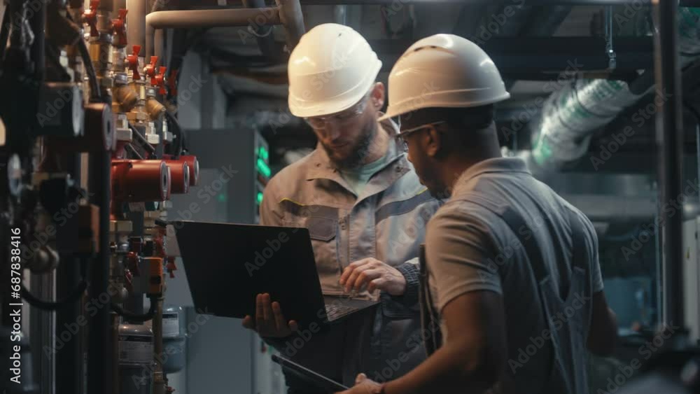 Multiethnic team of technician specialists work together on factory using laptop and tablet computer. Professional engineers discuss industrial manufacturing technology. Concept of heavy industry. Multiethnic team of technician specialists work together on factory using laptop and tablet computer. Professional engineers discuss industrial manufacturing technology. Concept of heavy industry.