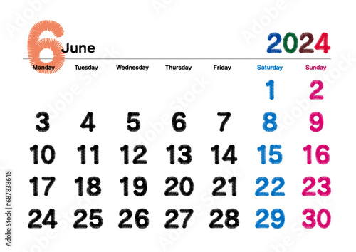 刺繍文字風の2024年6月のカレンダー 月曜始まり