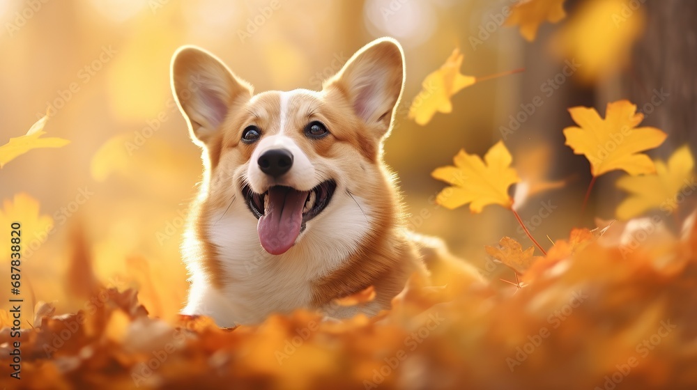 Autumn postcard with a portrait of a smiling corgi dog on a blurred colorful natural background of autumn foliage. Template, copy space.