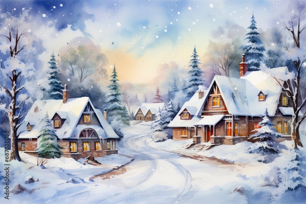 Fototapeta premium Winter village watercolor painting illustration made by generative ai