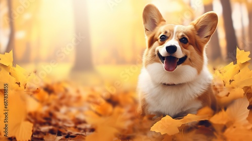 Autumn postcard with a portrait of a smiling corgi dog on a blurred colorful natural background of autumn foliage. Template  copy space.